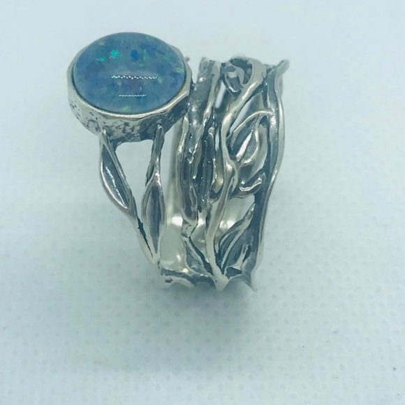 ‘PZ ISRAEL’ Silver, Lab Created Doublet Opal, Wired Leaf Motif Ring, Size 10 - Picture 4 of 8
